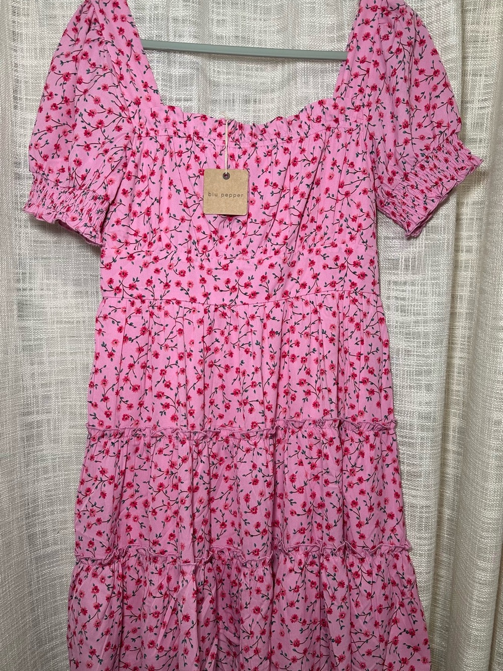 Blu Pepper Pink Floral Tiered Sundress with Puff Sleeves